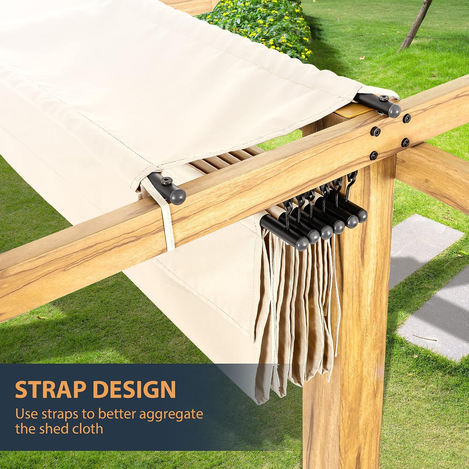HAPPATIO 10' X 10' Wood-Grain Aluminum Pergola - Adjustable Sun Shade Canopy with Retractable Roof for Backyard, Deck, Patio, by The Pool (Beige)