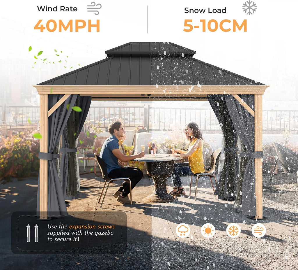HAPPATIO 10' x 12' Hardtop Gazebo Outdoor, Wood Grain Aluminum Frame with Double Galvanized Steel Roof，Patio Gazebo Canopy with Netting and Curtains for Patio, Lawns, Deck, Backyard (Grey)