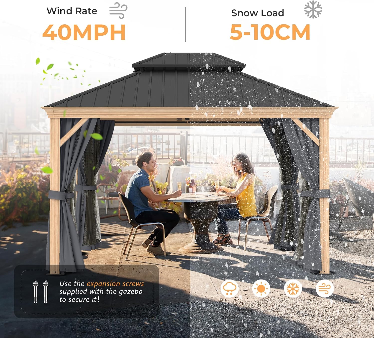 HAPPATIO 10' x 12' Hardtop Gazebo Outdoor, Wood Grain Aluminum Frame with Double Galvanized Steel Roof，Patio Gazebo Canopy with Netting and Curtains for Patio, Lawns, Deck, Backyard (Grey)