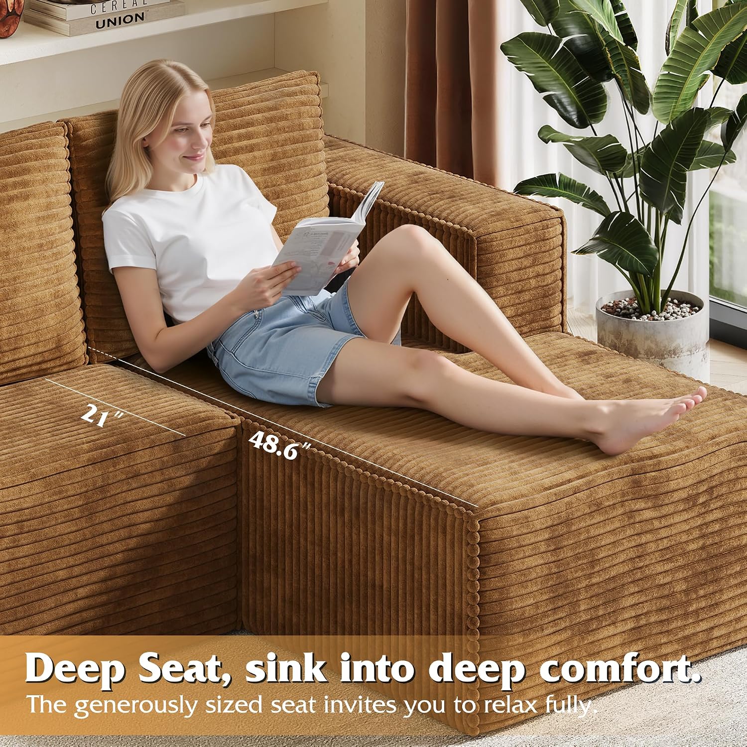 WLIVE 108'' Cloud Sectional Couches for Living Room, Modular Boneless Couch with Right Facing Chaise, L Shape Memory Foam Corduroy, with Cushion, Brown
