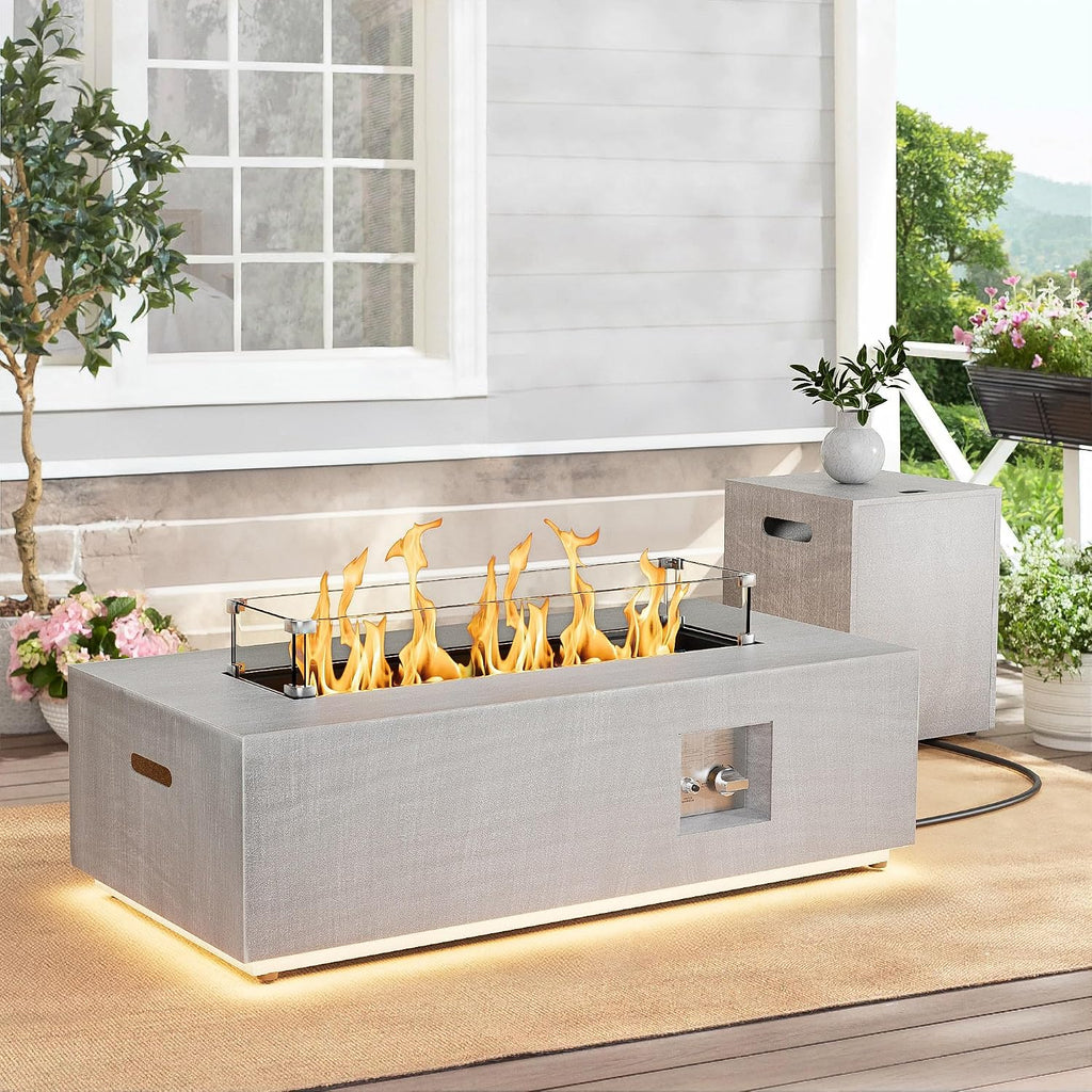 Dineli 2-Piece Outdoor Propane Fire Pit Table Set w Tank Table 42'' Rectangular Firepit Gas Fire Pits for Outside Patio Table Fire Pit w LED, 50,000 BTU (Light Gray, with Warmlight)