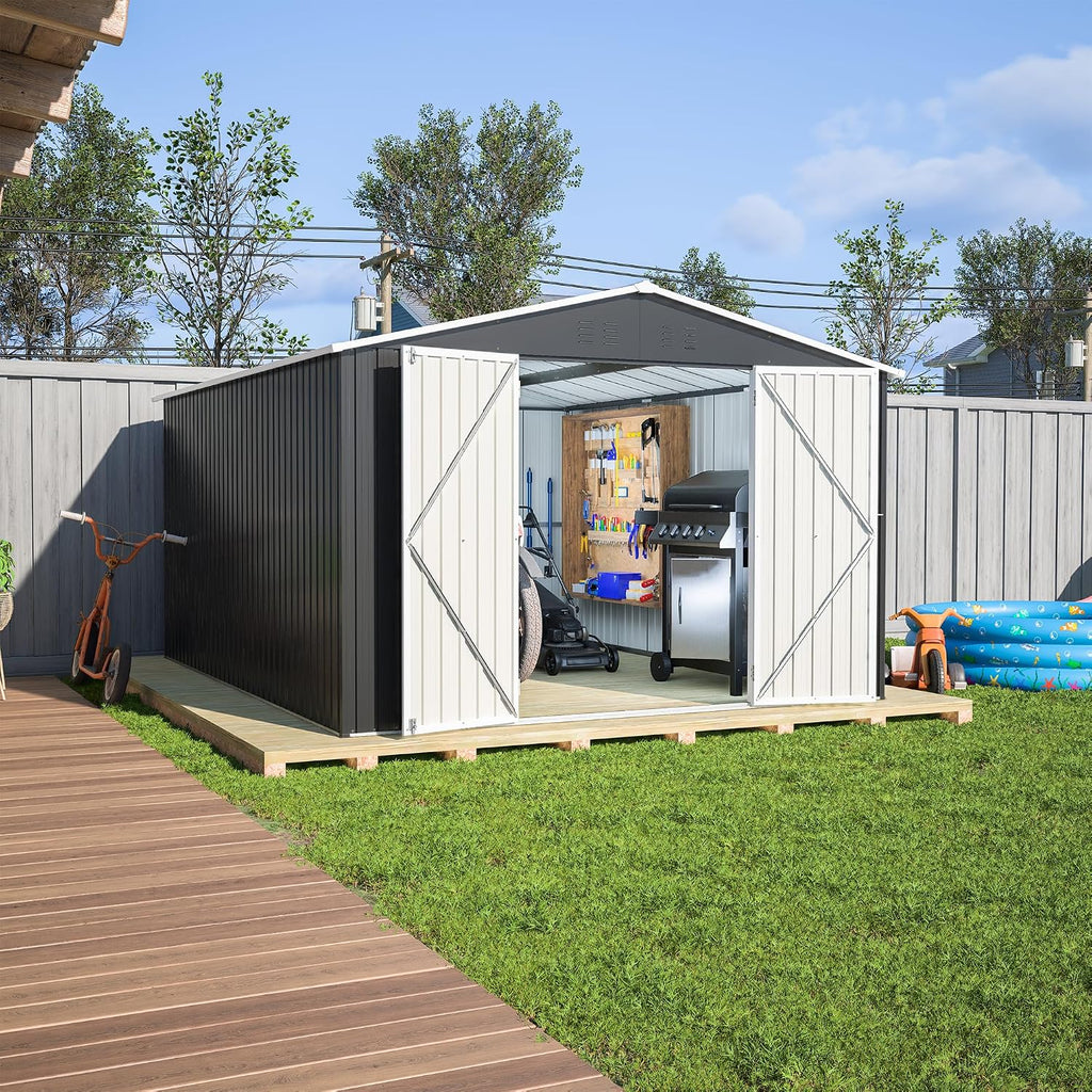 ZeHuoGe Outdoor Storage Shed 10 x 12 FT, Utility Metal Tool Storage with Lockable Doors, Large Metal Garden Shed for Backyard, Patio Lawn