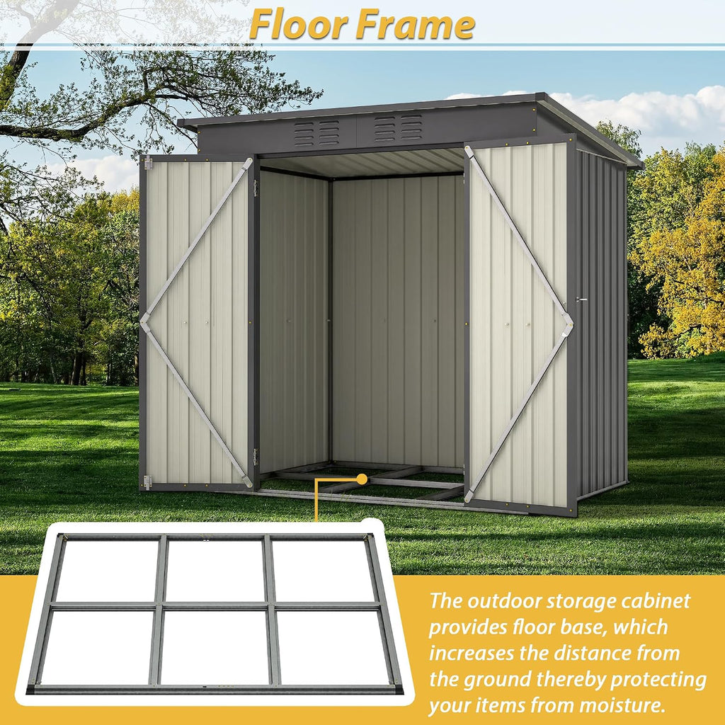 6x4 FT Shed Outdoor Storage Metal Large Garden Tool Sheds with Lockable Doors Floor Frame Sloped Roof Waterproof Steel Utility Equipment Shed for Backyard Patio Lawn Poolside, Black