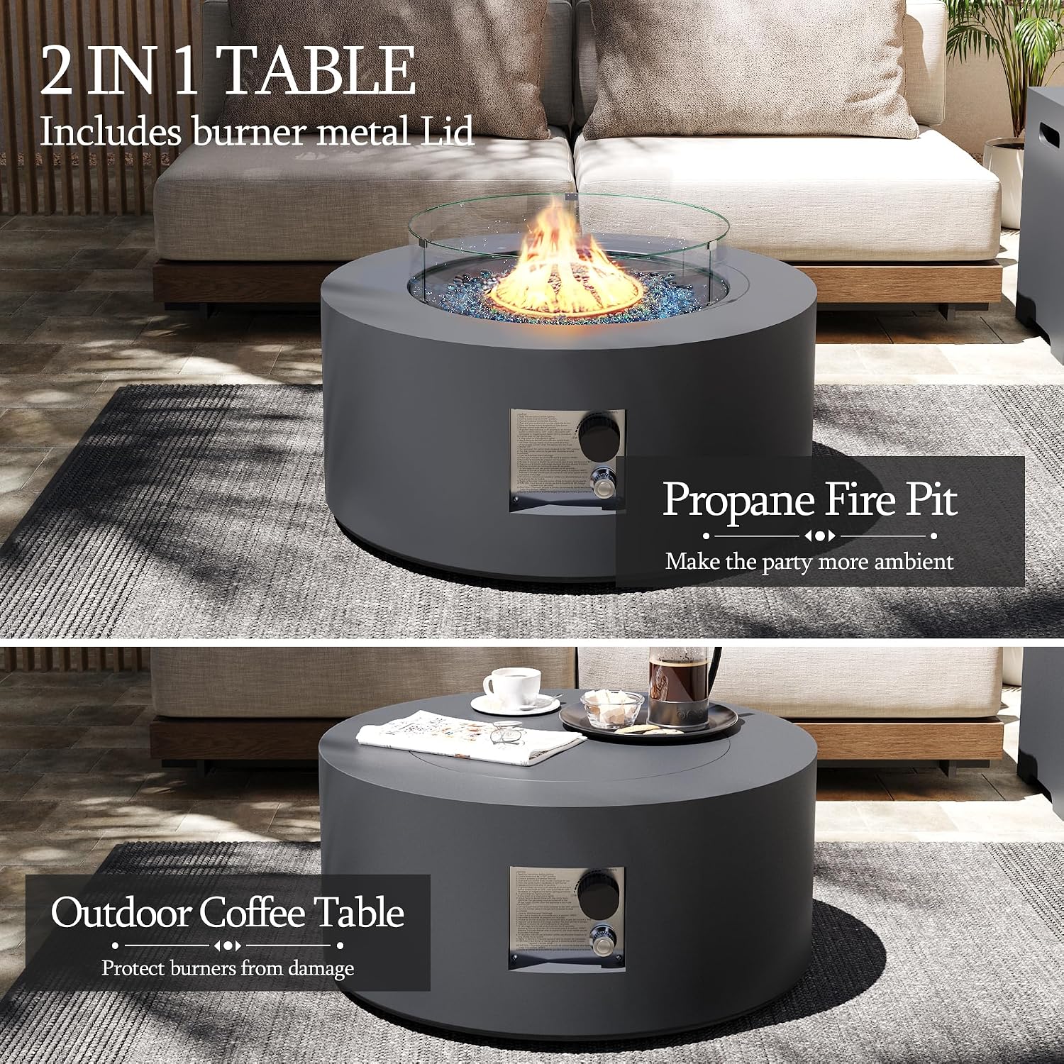 UPHA 28-inch Outdoor Propane Gas Fire Pit Table 40000 BTU Iron Round Firepit for Outside Patio with Tank Hidden Table, Wind Guard, Removable Lid, Blue Glass Rocks, Rain Cover, Grey
