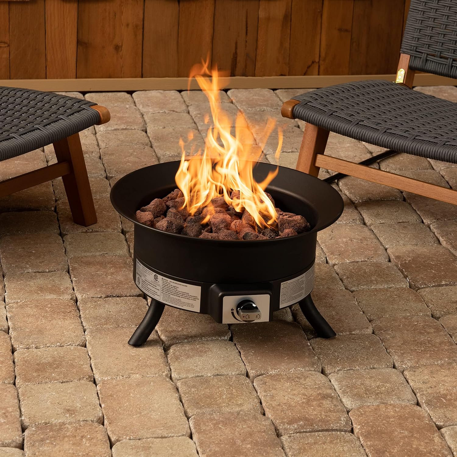 Amazon Basics Portable Propane Fire Pit, 19 inch Round Gas for Patio, 55,000 BTU, Carry Strap, Heat, Warmth and Ambience