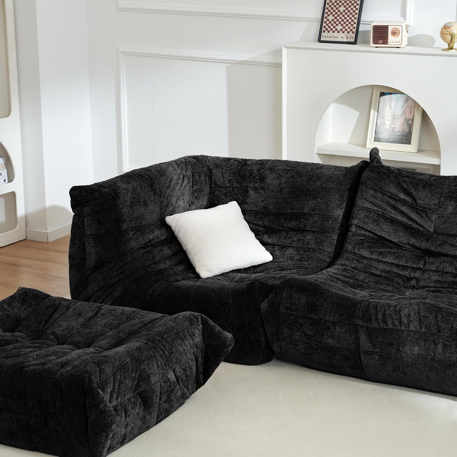 Homguava Bean Bag Chair, Giant Beanbag Chairs for Adults, Memory Foam Fireside Chair, Large Lazy Floor Sofa, Corner Chair with High-Rebound Foam, Lounge Chair for Living Room, Bedroom (Black, Corner)