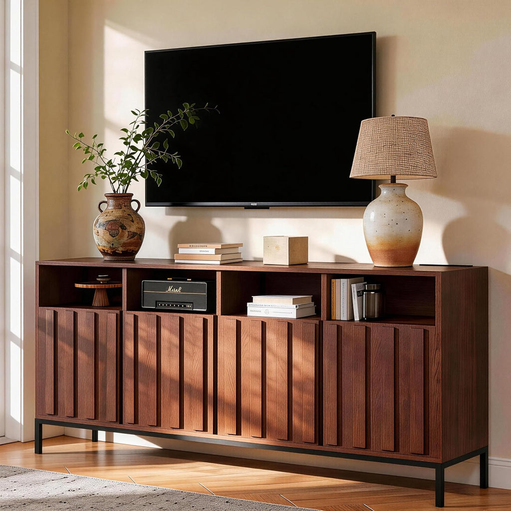 COCO DESIGN 70' Fluted TV Stand with Power Outlet for TVs up to 80', Modern Entertainment Center with Adjustable Shelves, Media Console Table with Storage for Living Room, Walnut