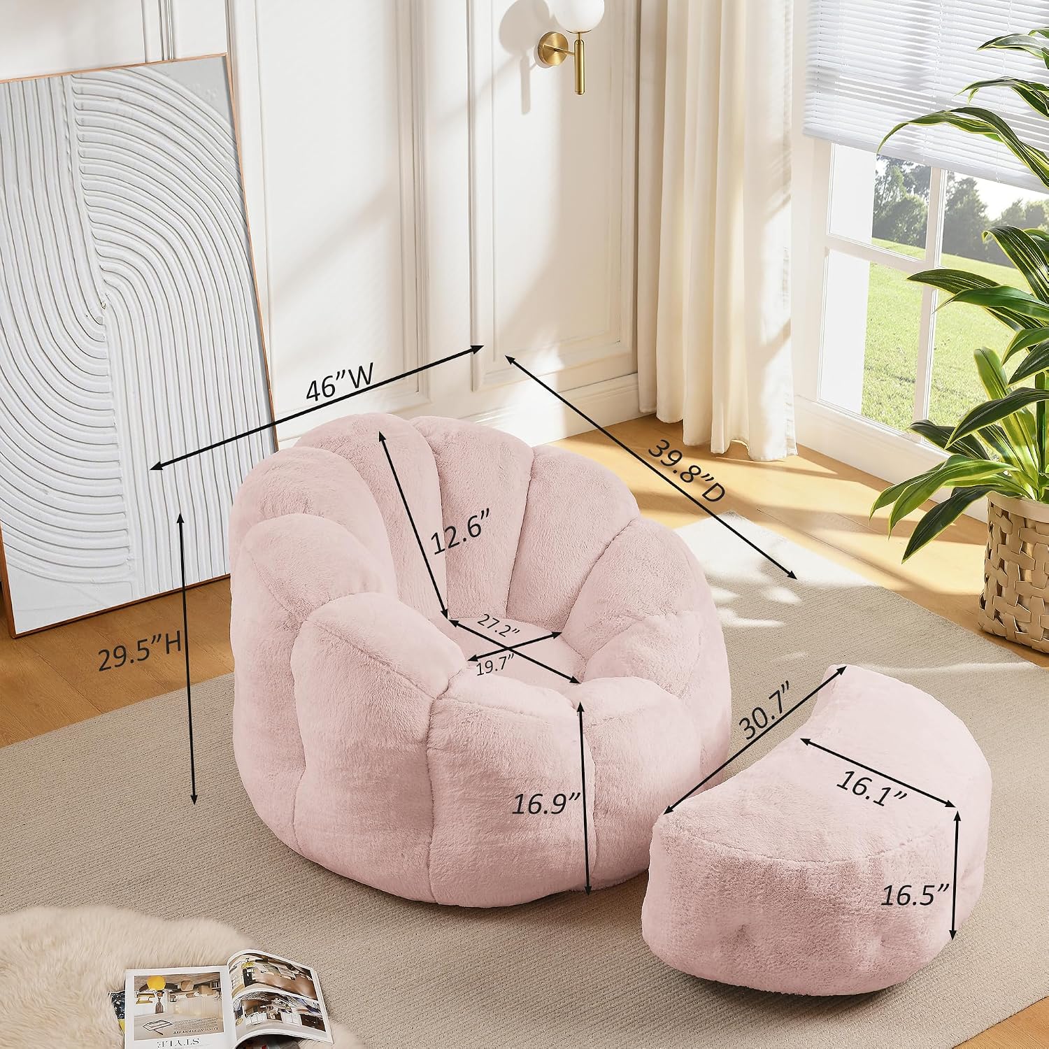 Bean Bag Chair with Ottoman, Pink Flower Bean Bag Chairs for Adults and Teens, Comfy Plush Faux Fur Reading Chair for Living Room, Bedroom, Apartment, Dorm