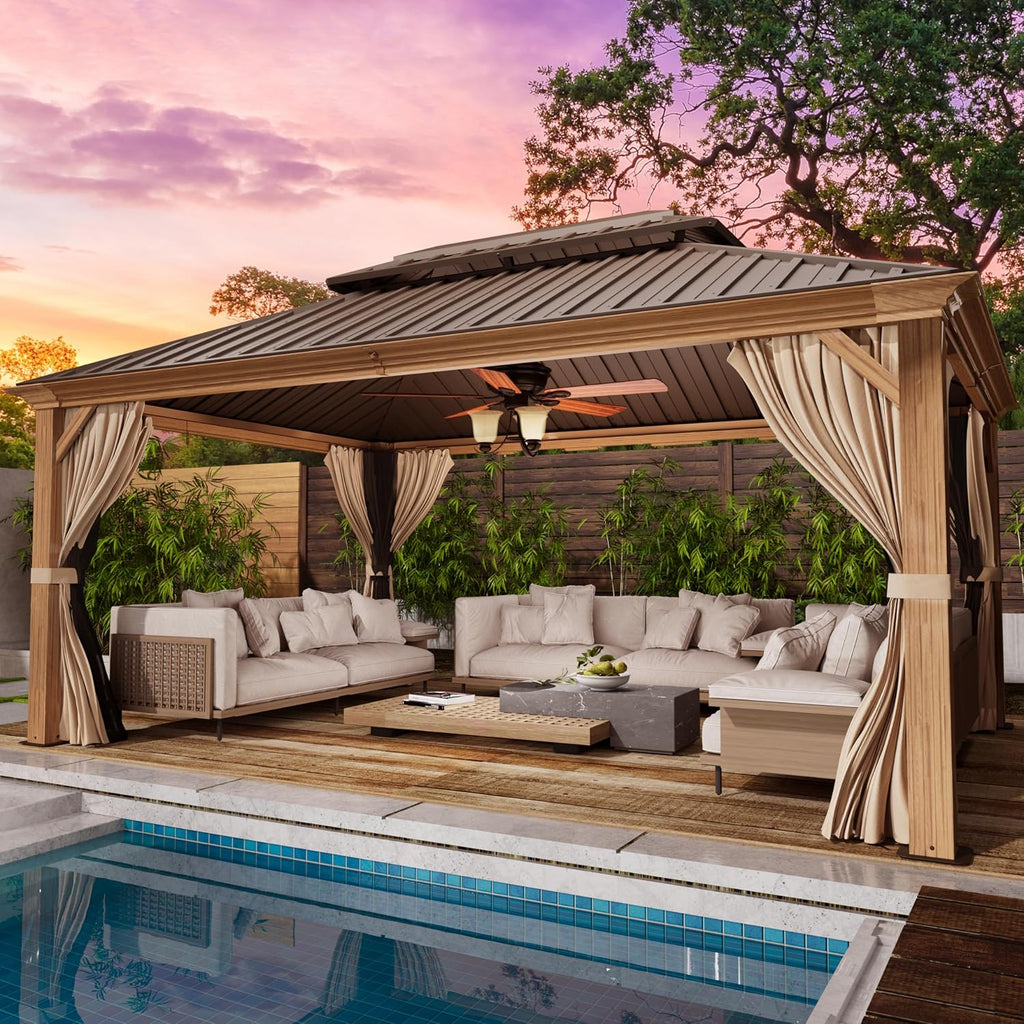 YOLENY 12' x 16' Hardtop Gazebo, Wood-Looking Gazebo with Galvanized Steel Double Roof, Aluminum Frame with Netting and Curtains for Deck, Backyard, Patio and Lawns