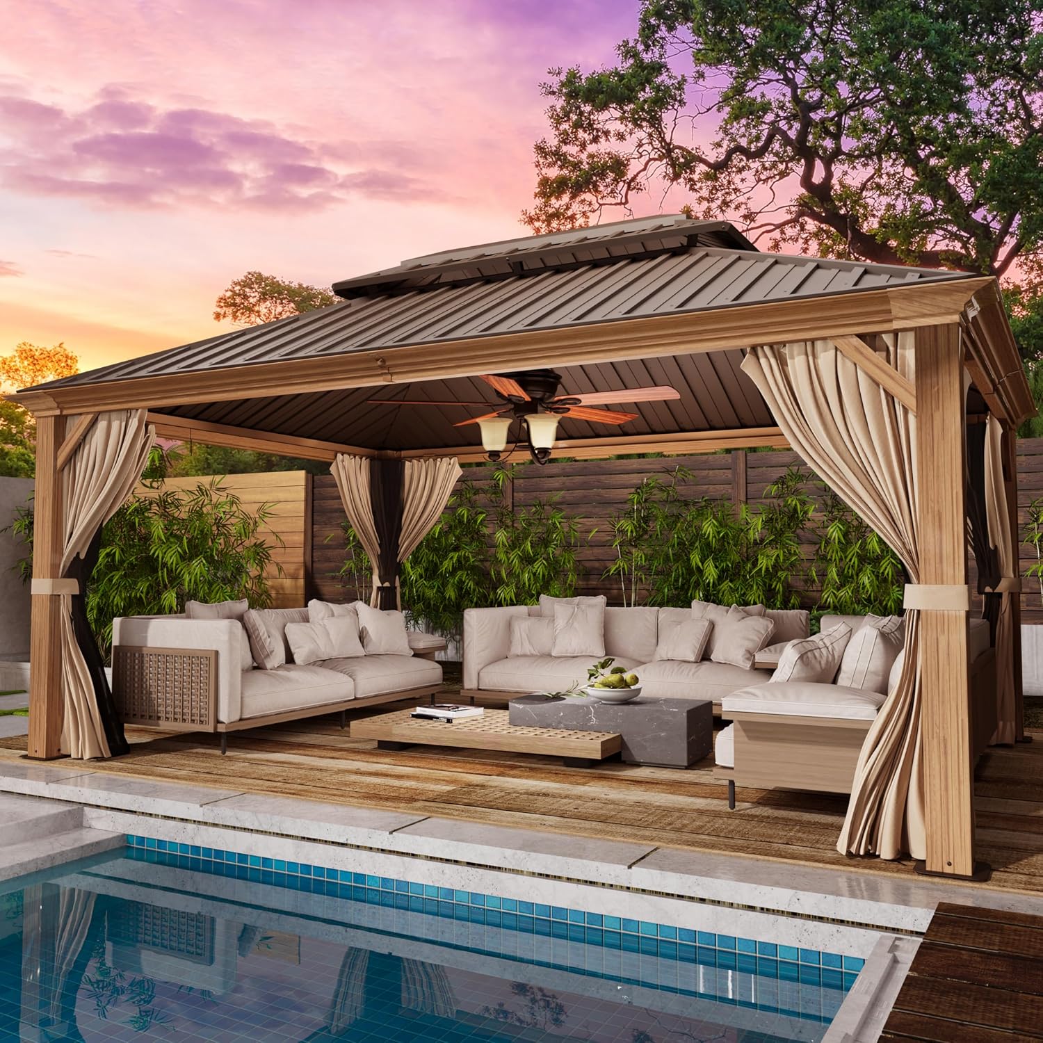 YOLENY 12' x 16' Hardtop Gazebo, Wood-Looking Gazebo with Galvanized Steel Double Roof, Aluminum Frame with Netting and Curtains for Deck, Backyard, Patio and Lawns