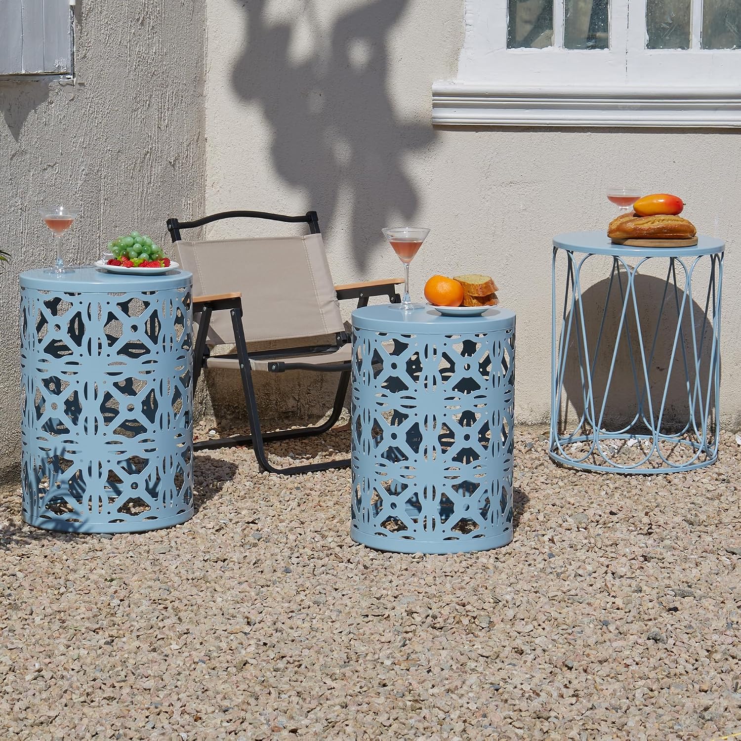 Y&M Set of 3 Heavy-Duty Round End Table, Side Table, Coffee Table for Indoor Multifunctional Use, Outdoor Decorative Garden Stool Plant Stand-Blue
