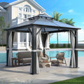 10'x10' Hardtop Gazebo, Outdoor Polycarbonate Double Roof Gazebos with Netting and Curtains, Heavy Duty Metal Pavilion for Patio, Backyard, Deck and Lawn