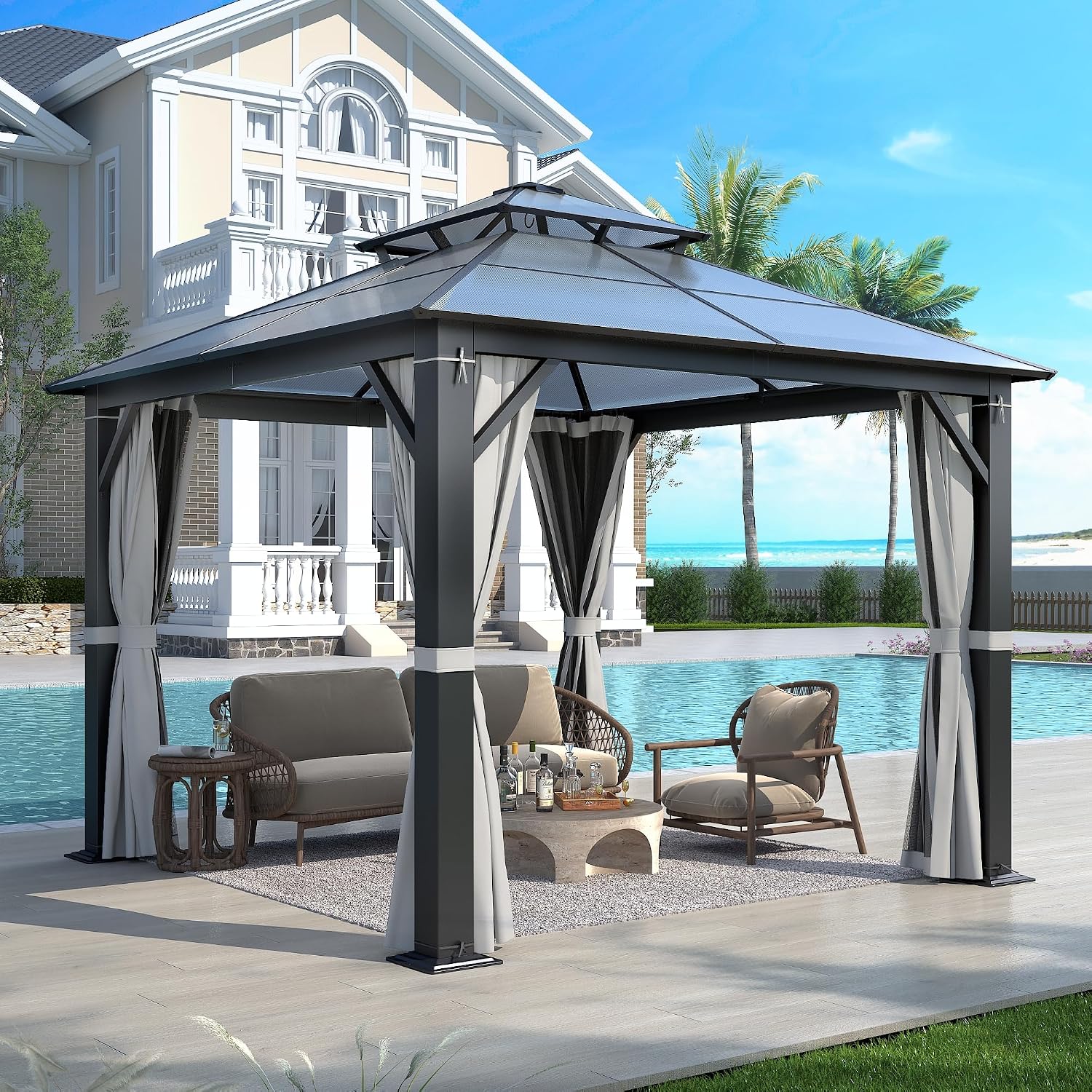 10'x10' Hardtop Gazebo, Outdoor Polycarbonate Double Roof Gazebos with Netting and Curtains, Heavy Duty Metal Pavilion for Patio, Backyard, Deck and Lawn