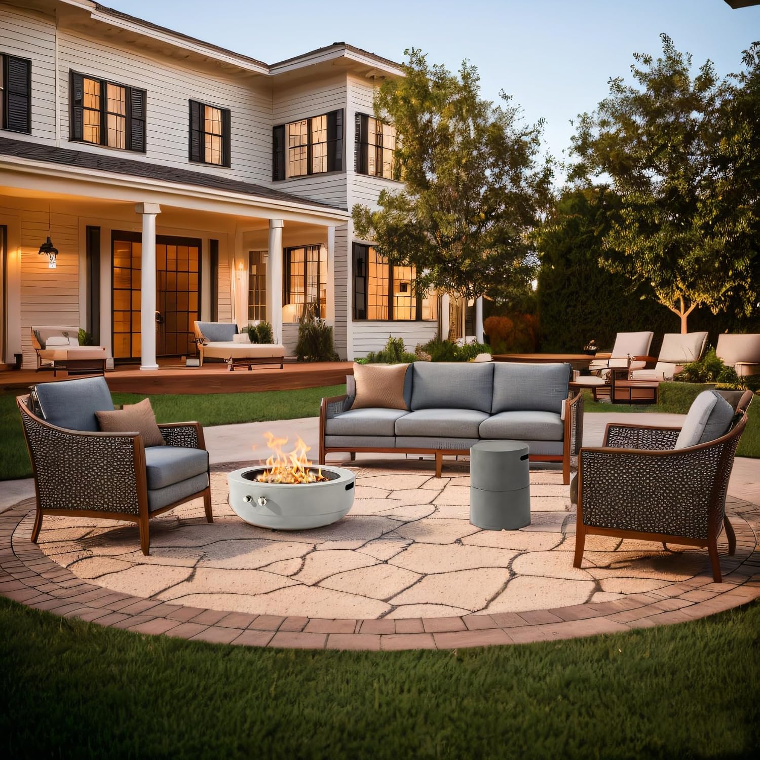 24'' Round Propane Fire Pit Table, Outdoor Steel Firepit with Lava Rocks - Compact Patio Heater for Deck, Balcony, Small Backyard (Tank Not Included).