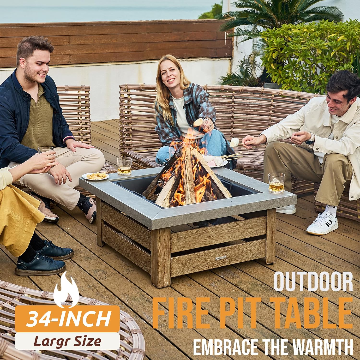 WILDMOS Firepits for Outside，Wood Burning Fire Pit with Wood-Grain Side Panels,Firepit for Outside with Mesh Cover & Fire Poker,Square Modern Outdoor Fireplace Fire Table. (Countryside)