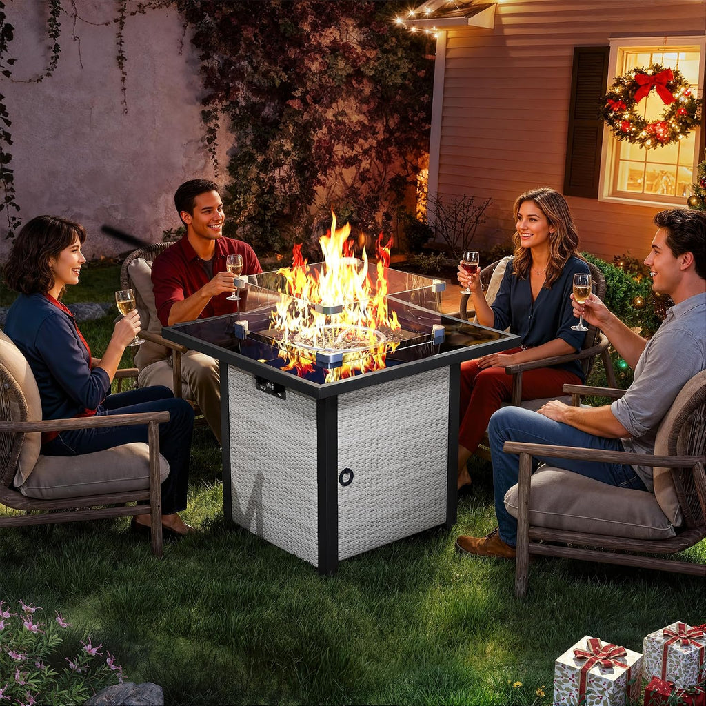 Propane Fire Pit Table, Outdoor Fire Pit Table, 27' Rattan Square Outdoor Gas Fire Pit with Glass Wind Guard, Tempered Glass Tabletop, Lid, CSA Listed, 50,000 BTU for Outside Patio Deck & Garden
