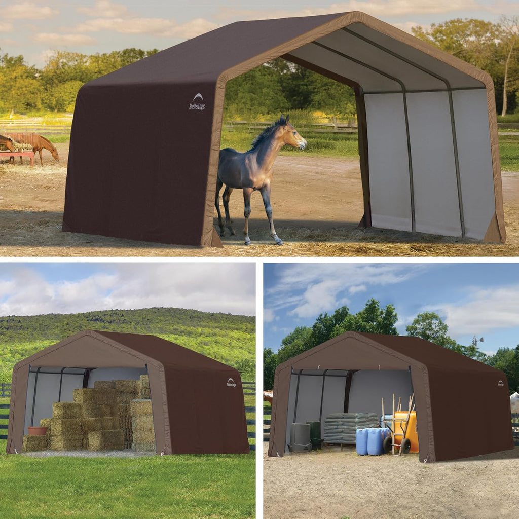 ShelterLogic 12' x 12' x 8' 3-in-1 Outdoor Loafing Shed Animal Shelter with Waterproof Cover, All-Weather Outdoor Storage Shed for Animals, Agriculture, and Farm Equipment, Brown