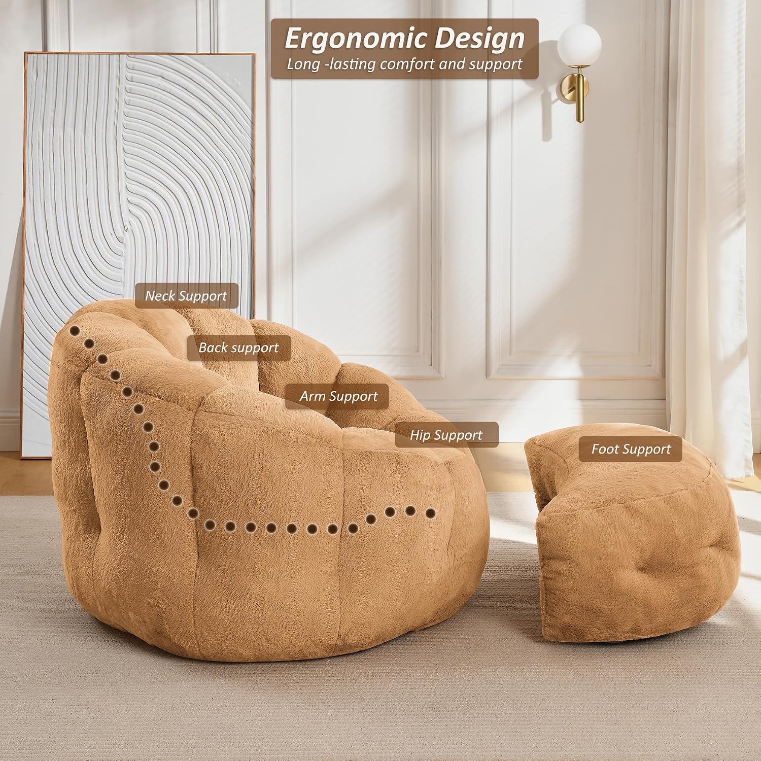 Bean Bag Chair with Ottoman, Flower Shape Bean Bag Chairs for Adults and Teens, Comfy Plush Faux Fur Bean Bags for Living Room, Bedroom, Apartment, Dorm, Brown