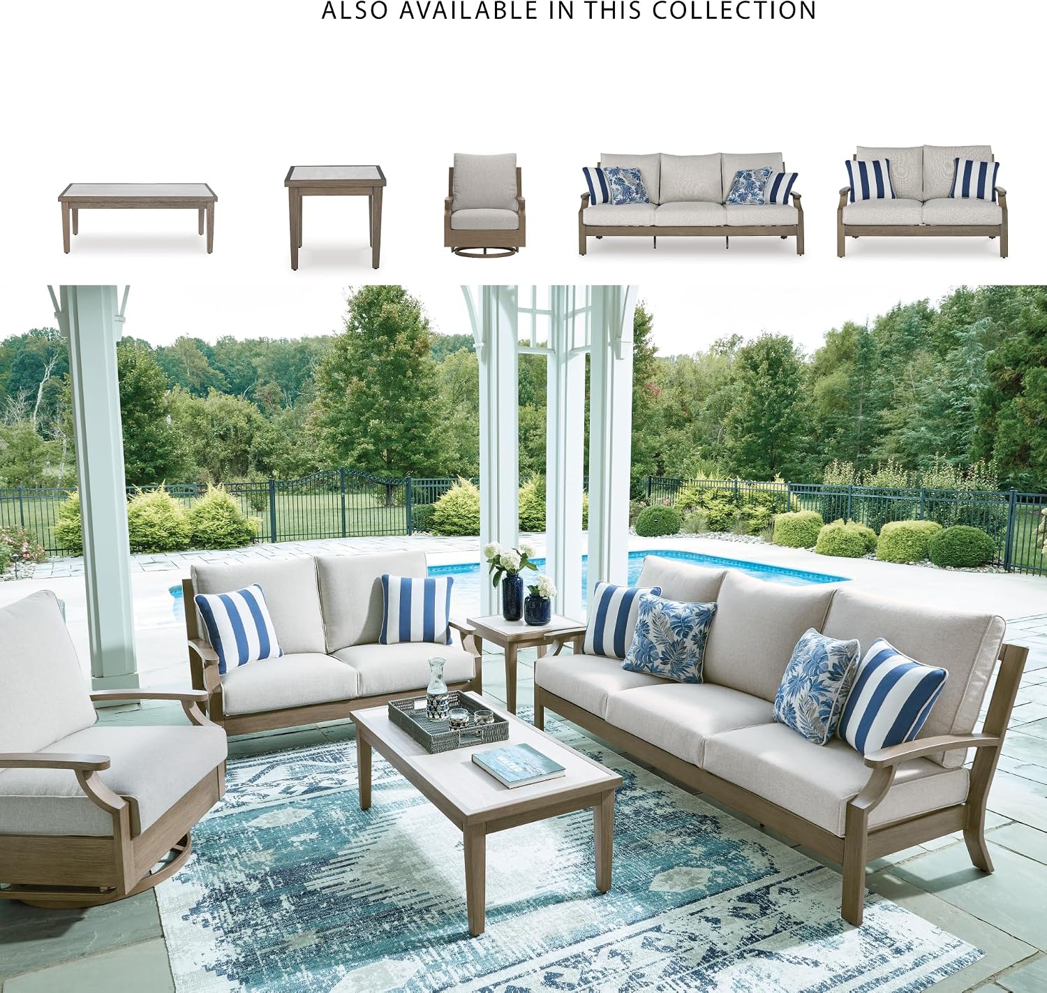 Signature Design by Ashley Rainier Ranch Contemporary Sintered Stone Tabletop Outdoor End Table with 4 Legs, Light Brown & Beige