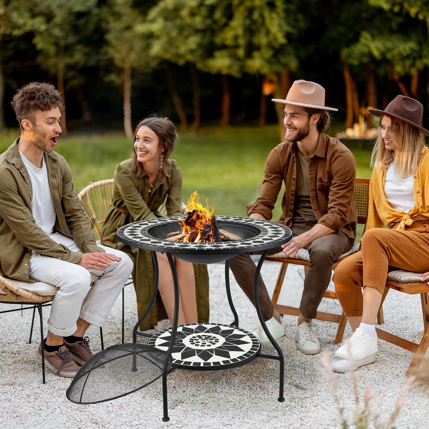 Outsunny 30' Outdoor Fire Pit Dining Table, 3-in-1 Round Wood Burning Fire Pit Bowl, Patio Ice Bucket with Storage Shelf, Spark Screen Cover for BBQ, Bonfire, Camping, Mosaic