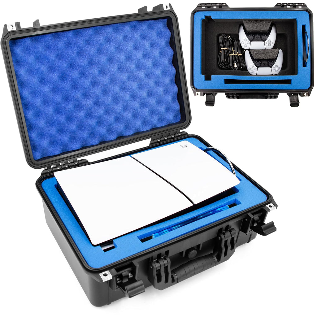 CASEMATIX Travel Case Compatible With PS5 Slim & PlayStation 5 Slim Digital Edition - Hard Shell Waterproof Case with Custom Foam for Console, Controllers, Stand, Cables and Game