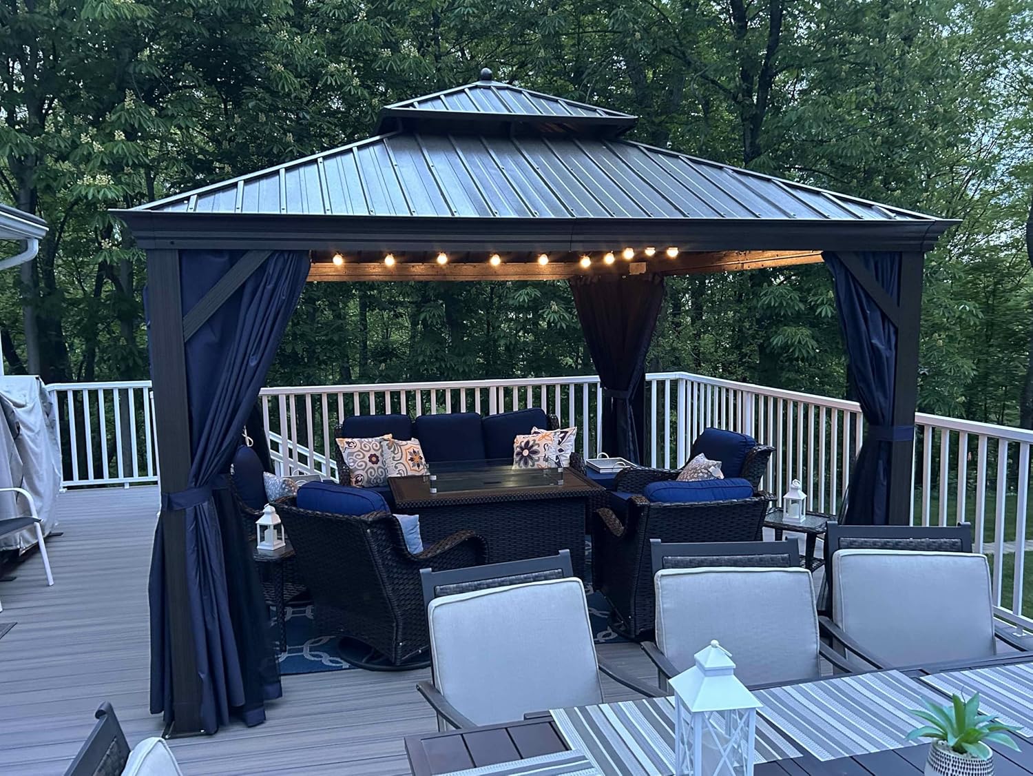 PURPLE LEAF 12' X 12' Hardtop Gazebo Canopy with Netting and Curtains for Outdoor Hot Tub Heavy Duty Backyard Sunshade Deck Metal Roof Patio Permanent Pavilion, Navy Blue