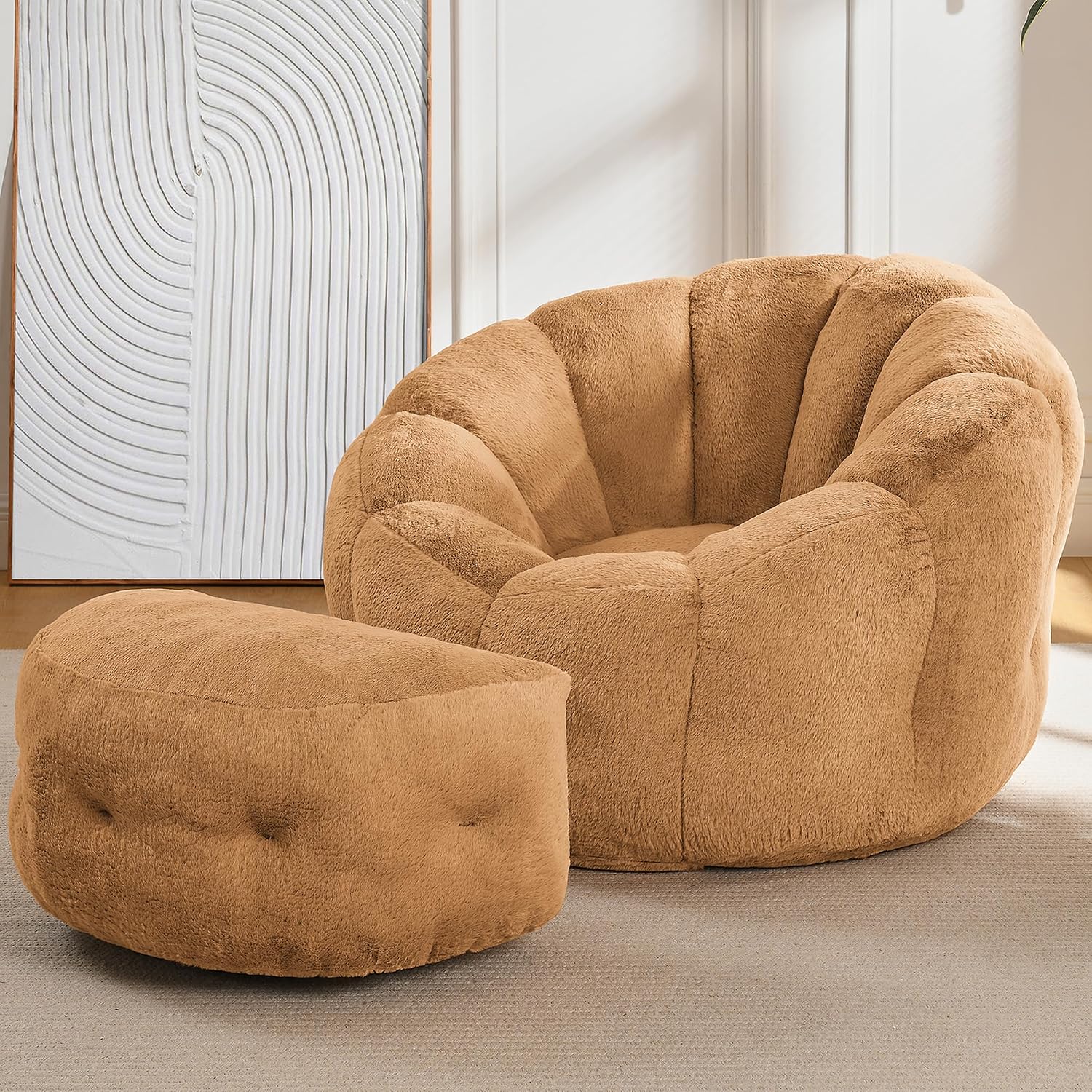 Bean Bag Chair with Ottoman, Flower Shape Bean Bag Chairs for Adults and Teens, Comfy Plush Faux Fur Bean Bags for Living Room, Bedroom, Apartment, Dorm, Brown