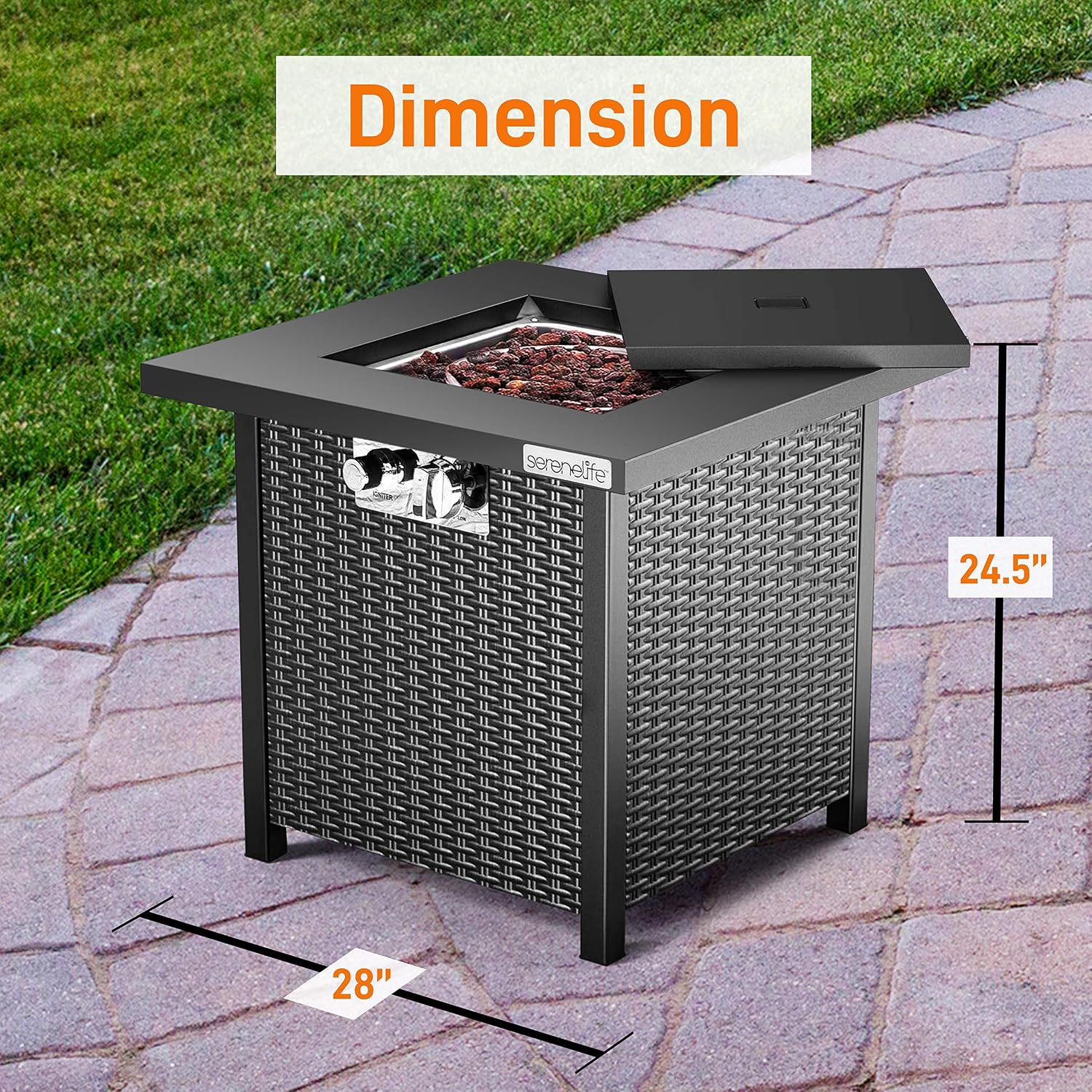SereneLife 28 Inch Propane Gas Fire Pit Table 40000 BTU with Cover, Stainless Steel Burner, Adjustable Flame, Weather-Resistant Design, Easy Assembly for Patio or Backyard