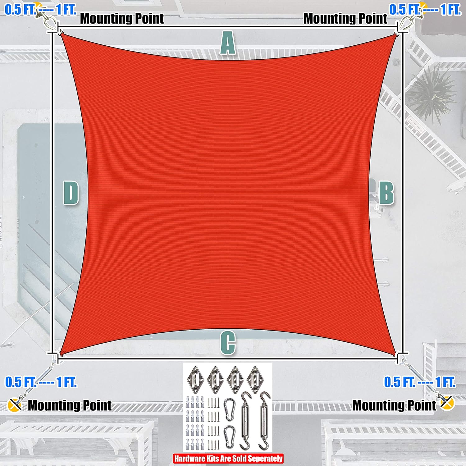 Amgo Custom Size 12' x 16' Red Rectangle Square Sun Shade Sail UPF50+ AGTAPR1620, Order to Make Canopy Awning, 95% UV Blockage, Water & Air Permeable, Commercial and Residential (We Customize)
