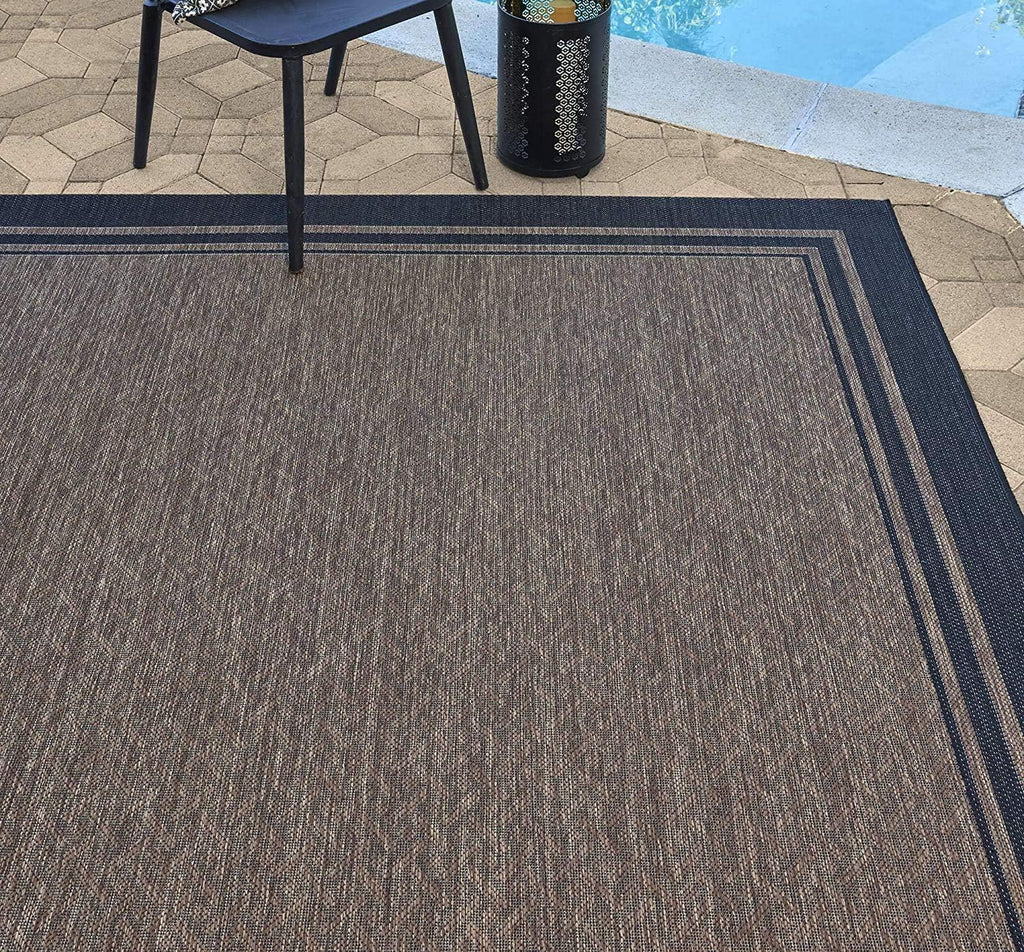 Gertmenian Indoor/Outdoor Flatweave Area Rug - 9x13 Extra Large, Stain & UV Resistant, Ideal For Deck, Patio, Poolside, Mudroom - Simple Border, Black/Nut Brown, 21993