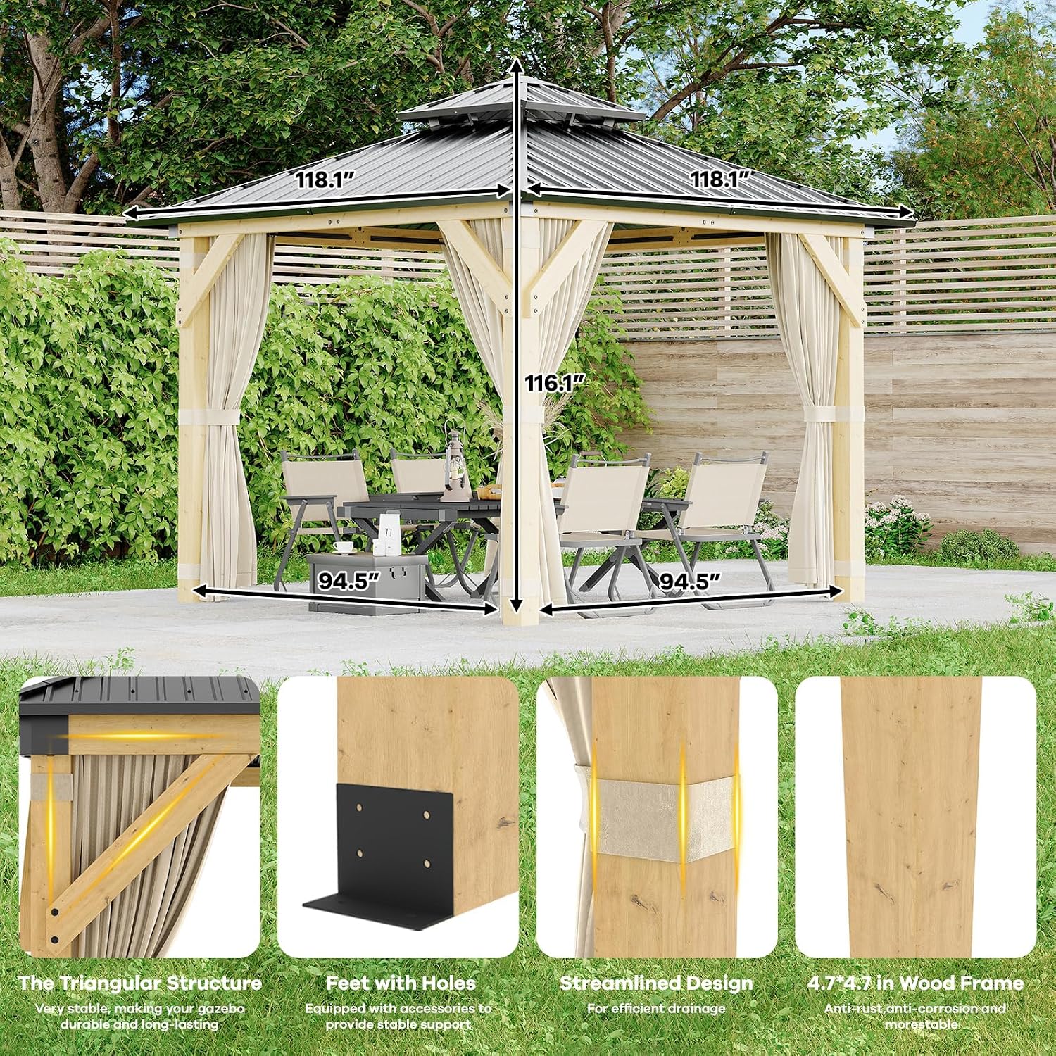 10 x 10 Ft Wood Gazebo, Hardtop Gazebo with Galvanized Steel Peak Roof, Outdoor Pavilion with Curtains and Netting, Patio Permanent Wooden Pavilion, Shade for Garden, Patio, Deck
