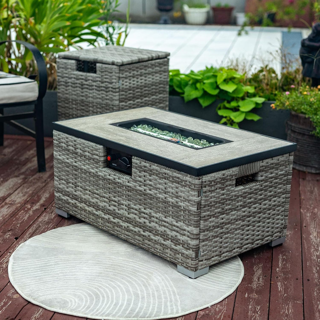 32in Gas Fire Pit Table Set, 50,000 BTU Propane Fire Pit Table Outdoor with Rain Cover, Hideaway Tank Holder Fits 20lb Tank, Gas Fire Pit for Outside w/Ceramic Tabletop and lid, Glass Rocks.