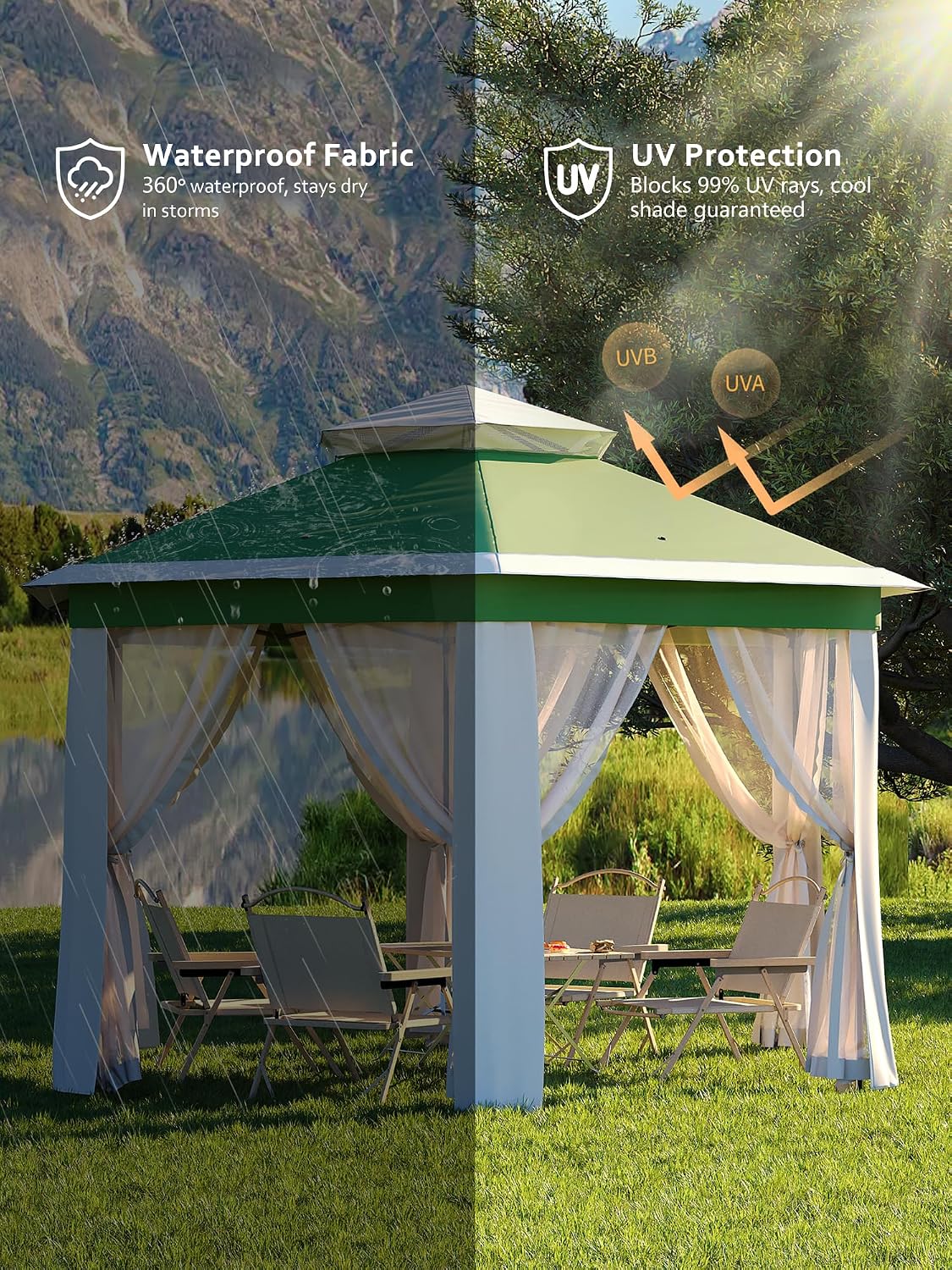 13x13Ft Patio Gazebo Metal Frame Canopy with Double Roofs, Outdoor Gazebo with Mosquito Netting and Privacy Screen, Canopy Tent for Backyard, Lawn, Garden, Deck