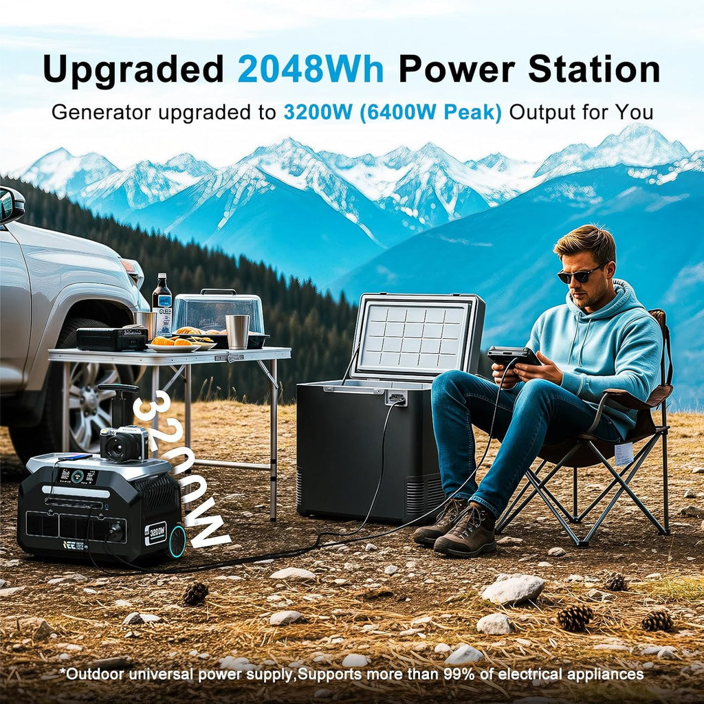 IEE 3200W Portable Power Station P3200 with 3x200W Solar Panel, 2048Wh Solar Generator, 1800W AC Charging, AC Outlets x 4, LiFePO4 Battery Power Station for Home Backup, Camping, RV, Emergency