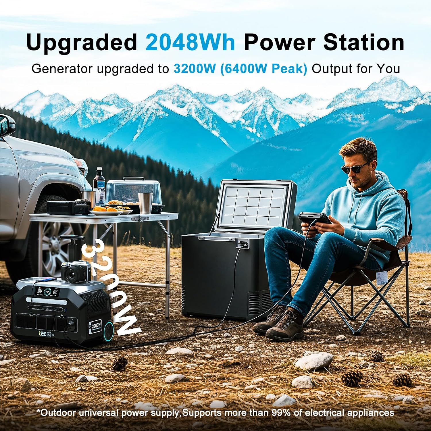 IEE 3200W Solar Generator P3200 with 2x500W Solar Panel, 2048Wh Portable Power Station, 1800W AC Charging, AC Outlets x 4, LiFePO4 Battery Power Station for Home Backup, Camping, RV, Emergency