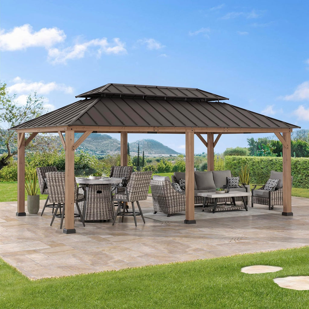 SUNJOY 12 x 20 ft. Wood Gazebo, Outdoor Patio Cedar Framed Wooden Hardtop Gazebo with 2-Tier Metal Roof, Suitable for Patios, Lawn, and Backyard, Dark Brown Roof + Dark Wood Frame