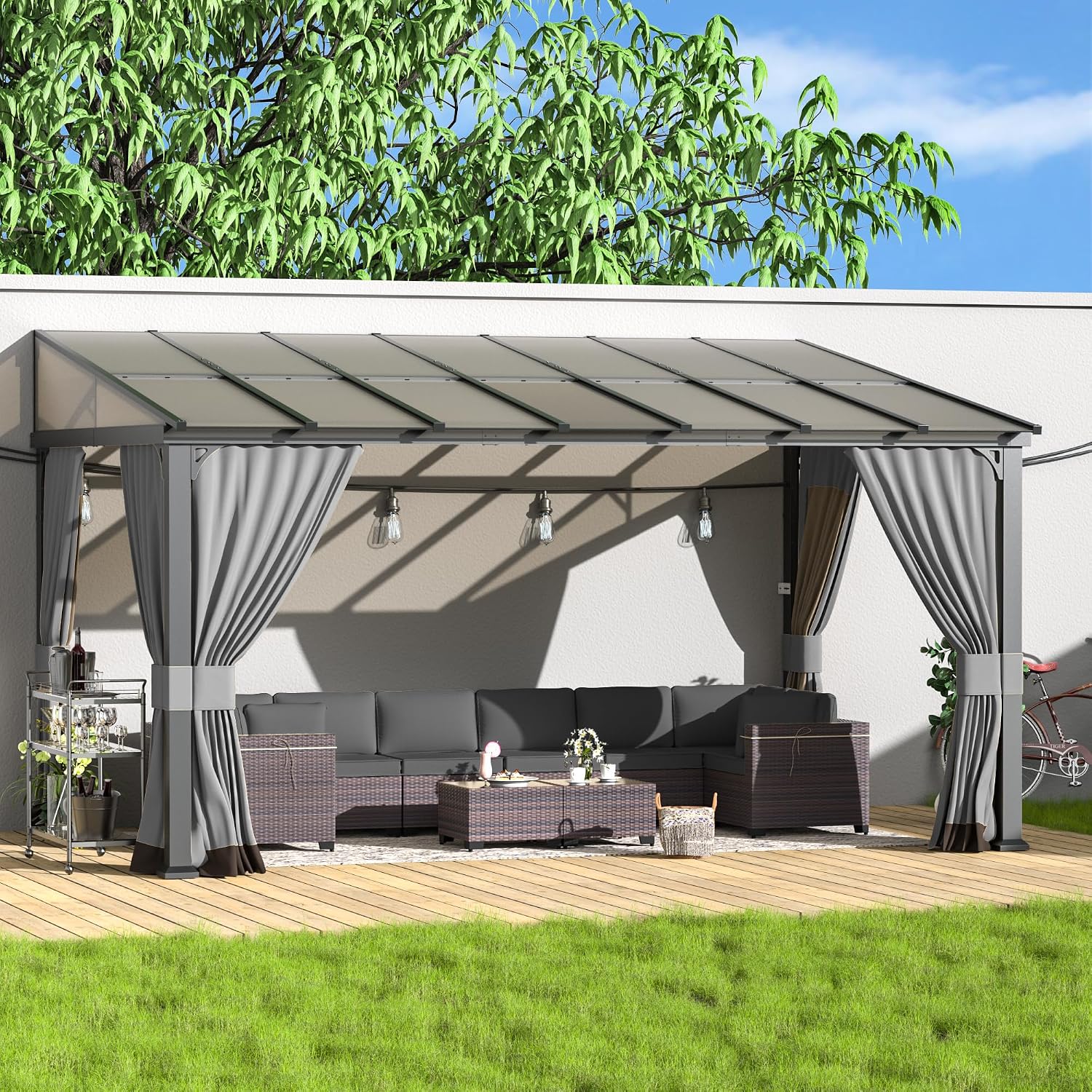 Kurapika 10' x 14' Wall Mount Gazebo Outdoor Pergola, Hardtop Lean to Gazebo Canopy Awnings with Sloped Roof and Sturdy Steel Frame, for Patio, Porch, Deck, Backyard(Grey)