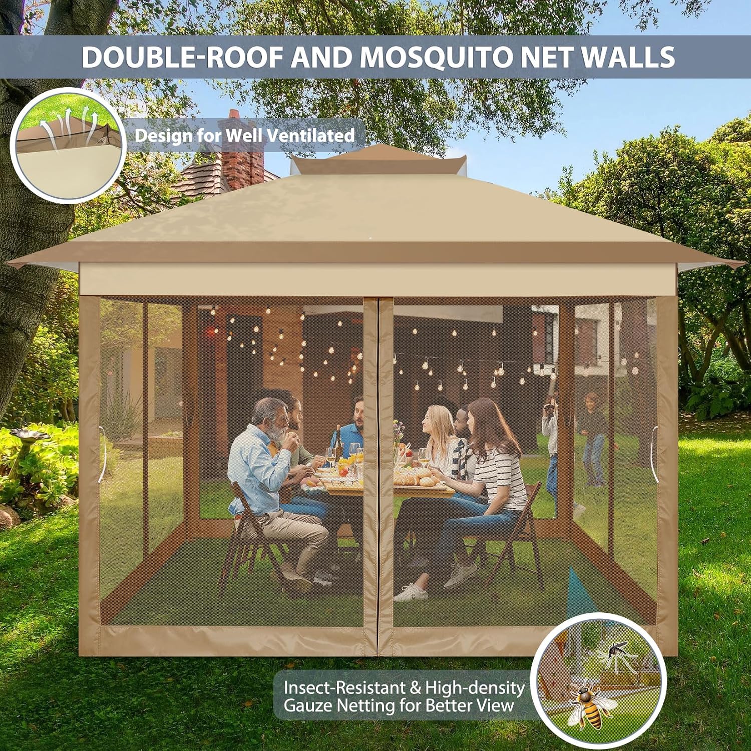 COBIZI Pop Up Gazebo 11x11 One-Push Canopy Tent, Carpas Para Patio, Outdoor Canopy Shelter with Double Roof Ventiation 121 Square Feet of Shade for Lawn, Garden, Backyard and Deck, Khaki(Upgraded 2.0)