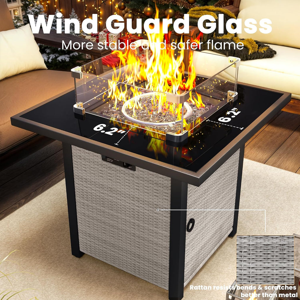 Propane Fire Pit Table, Outdoor Fire Pit Table, 27' Rattan Square Outdoor Gas Fire Pit with Glass Wind Guard, Tempered Glass Tabletop, Lid, CSA Listed, 50,000 BTU for Outside Patio Deck & Garden