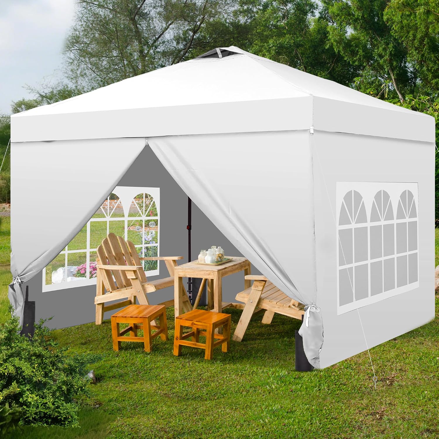GDY 10x10 Pop Up Canopy Tent with 4 Sidewalls, Easy Set up with One Push Lift Outdoor Silver Coated Beach Gazebos, Carpas with 4 Sandbags, for Events, Parties,Camping, White.