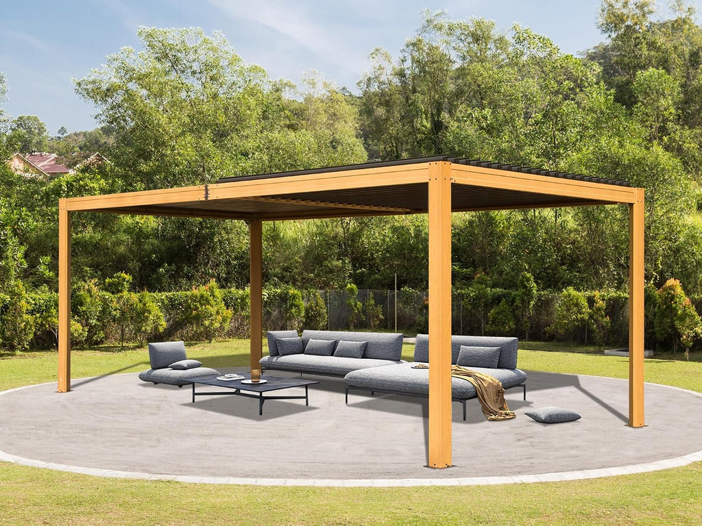 Domi Outdoor Pergola 10' x 16', Aluminum Louvered Pergola with Adjustable Roof, Wood Grain Frame, Efficient Drainage System for Patio, Deck, Garden