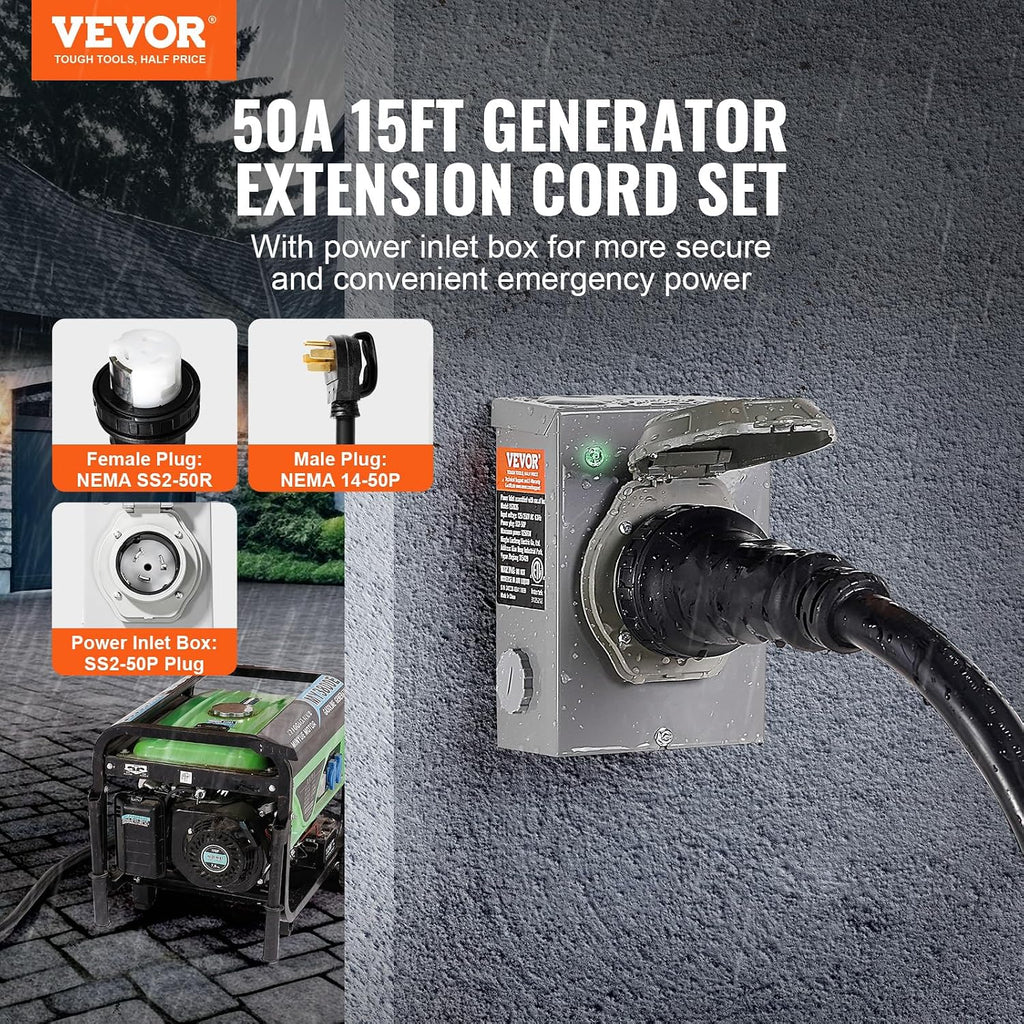 VEVOR 50 Amp Generator Cord and Power Inlet Box Kit, 15FT Generator Extension Cord NEMA 14-50P/SS2-50R STW 6/3+8/1 AWG with Twist Lock Connector, Pre-Drilled Inlet Box, ETL Listed