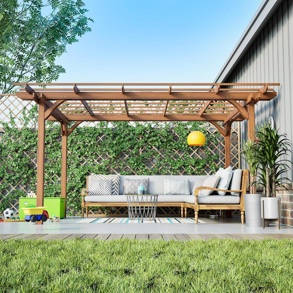 12' x 10' Outdoor Wood Pergola, Wooden Pergola Grape Trellis, Perfect for Climbing Plant Support, Garden, Terrace, Backyard, Deck, Brown