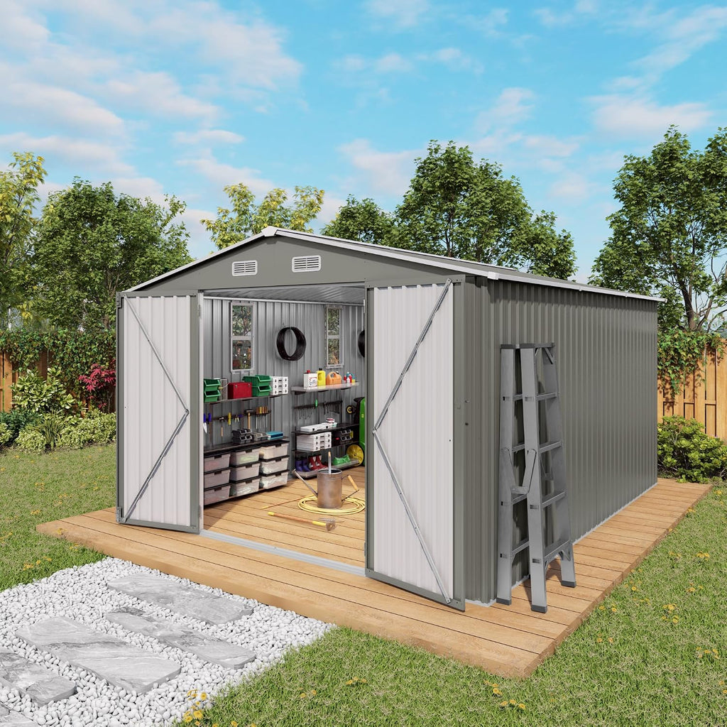 10x12 FT Outdoor Metal Storage Shed, Large Garden Backyard Tool Shed with Lockable Door, Windows and Vents, Multi-Purpose Outside Bike Storage Sheds for Patio, Lawn, Poolside, Generator, Gray