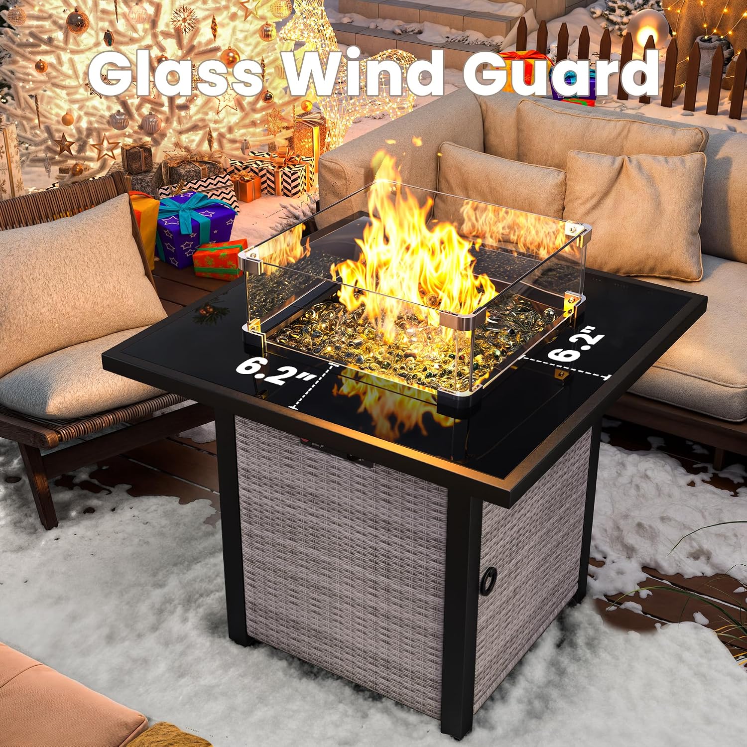 Propane Fire Pit Table, Outdoor Fire Pit Table, 28' Rattan Square Outdoor Gas FirePit with Glass Wind Guard, Tempered Glass Tabletop, Lid, CSA Listed, 50,000 BTU, Outside Patio & Garden, Gray-White