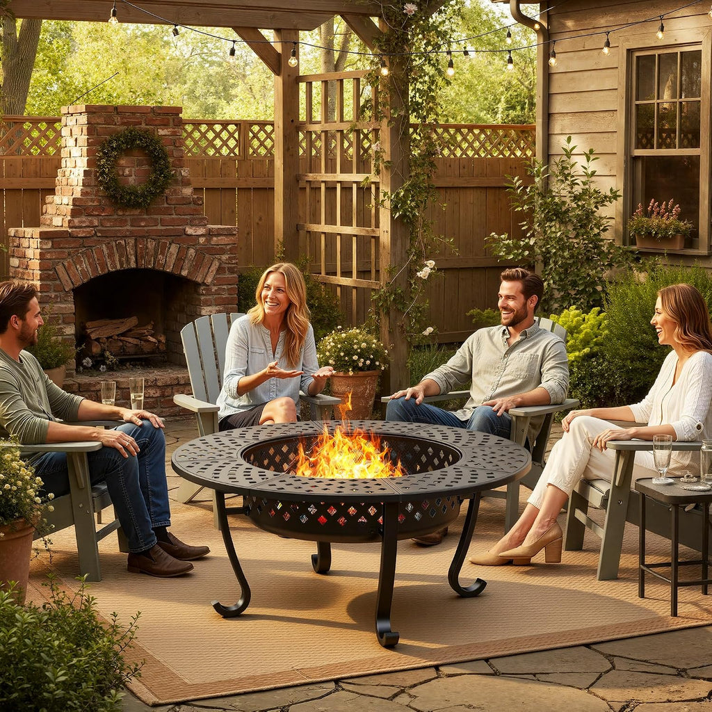 Wisteria Lane 3 in 1 43' Extra Large Fire Pit for Outside Wood Burning with 2 Adjustable Grills, Outdoor Fireplace with Lid and Fire Poker, BBQ & Bonfire & Round Metal Table for Patio, Backyard