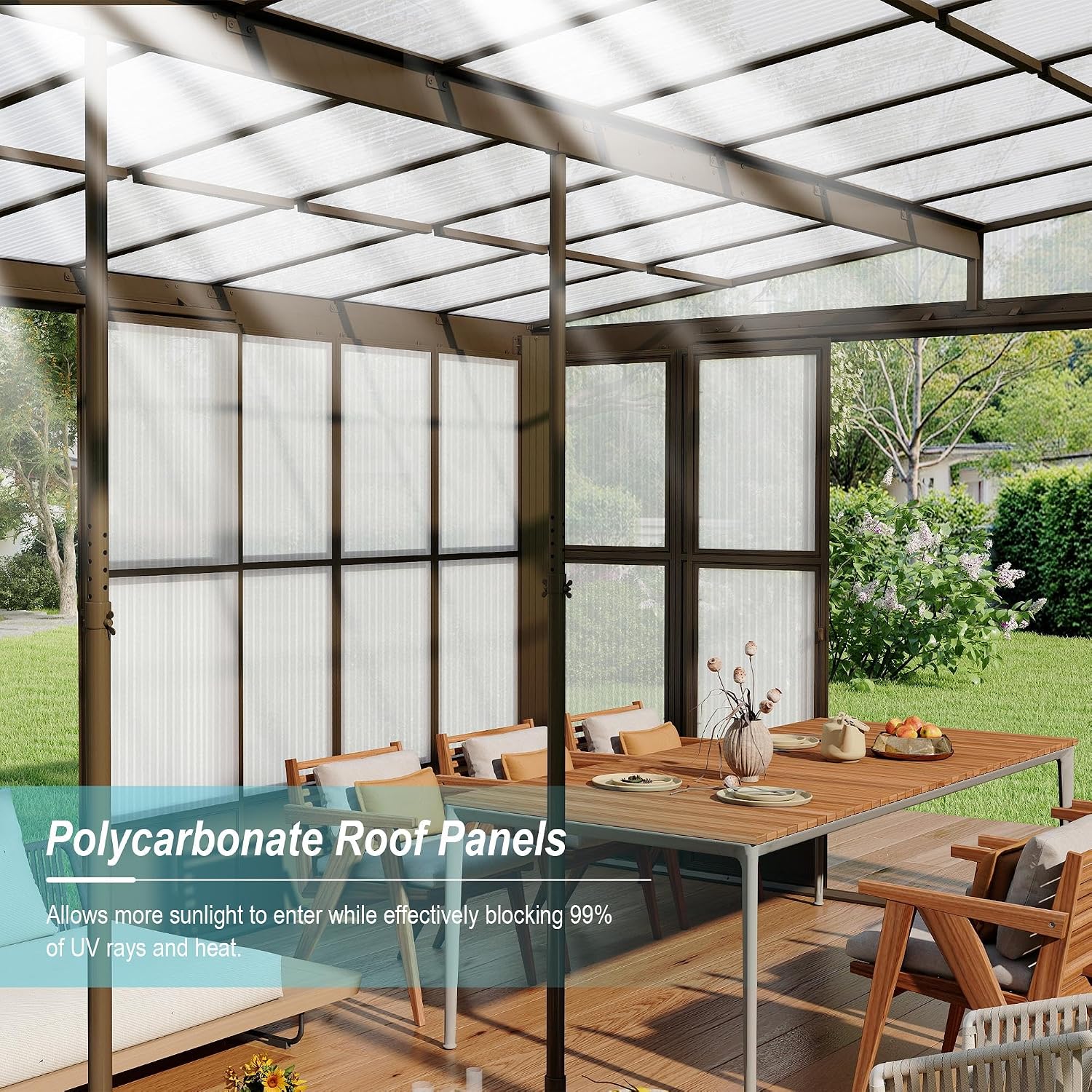 Domi 10x14FT All Season Sunroom, Outdoor Permanent Wall Mounted Solarium with Detachable Polycarbonate Windows, Aluminum Lean to Gazebo Sun Room with 2 Lockable Sliding Doors for Garden Patio Deck