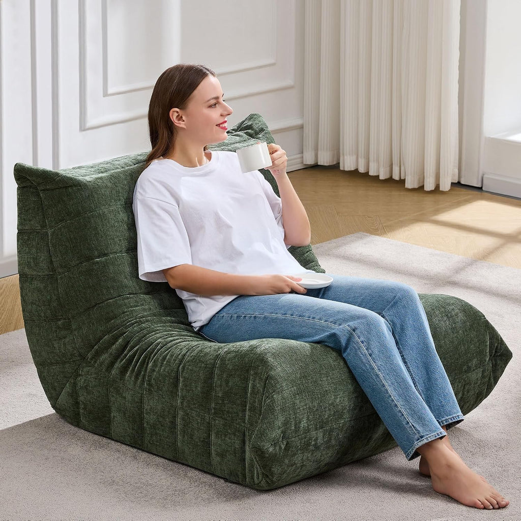 Bean Bag Chairs for Adults Giant Bean Bag Chair Memory Foam BeanBag Chair Bean Bag Sofa with Filler Faux Fur Fireside Beanbags Lazy Sofa for Living Room Bedroom Office (Green Chenille, Single)