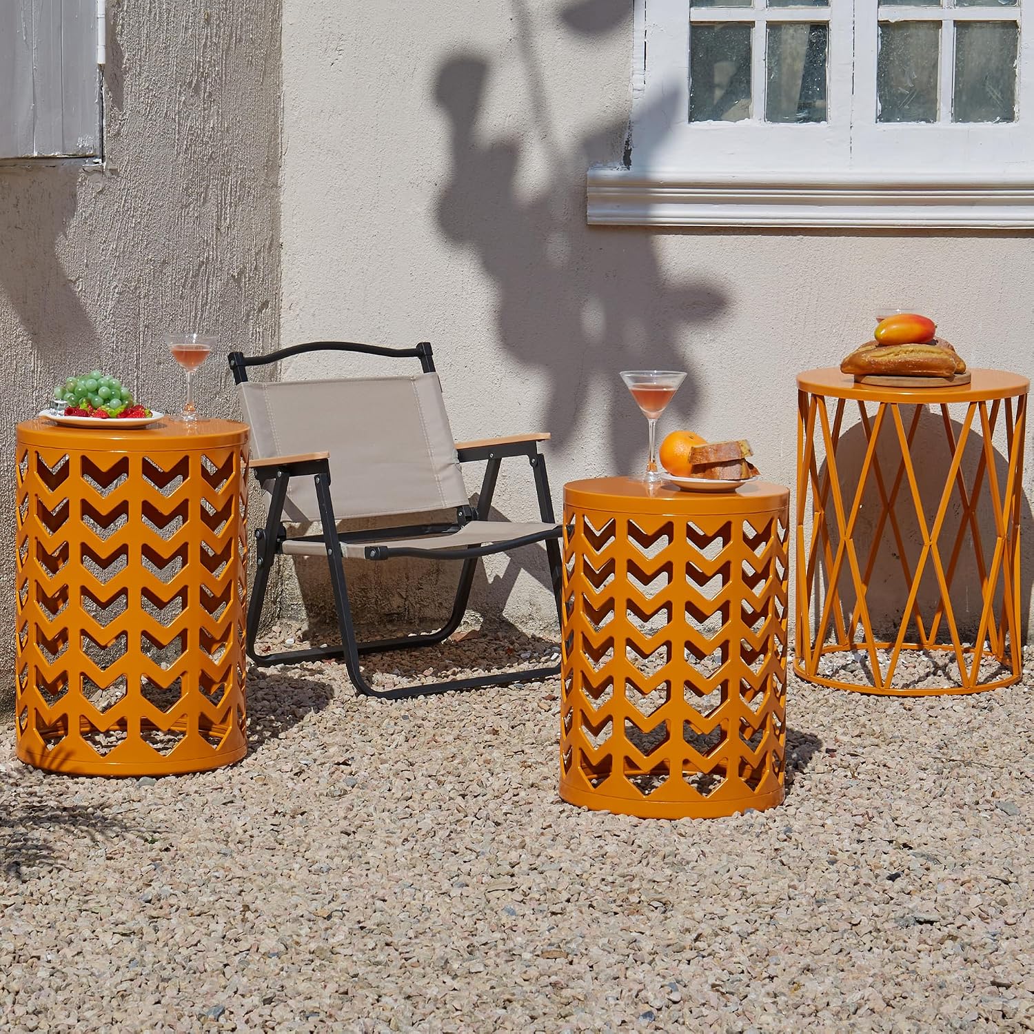 Y&M Set of 3 Metal Round Table, Coffee Table End Table for Indoor Outdoor Multifunctional Use, Heavy Duty Metal Plant Stand Decorative Garden Stool- Orange