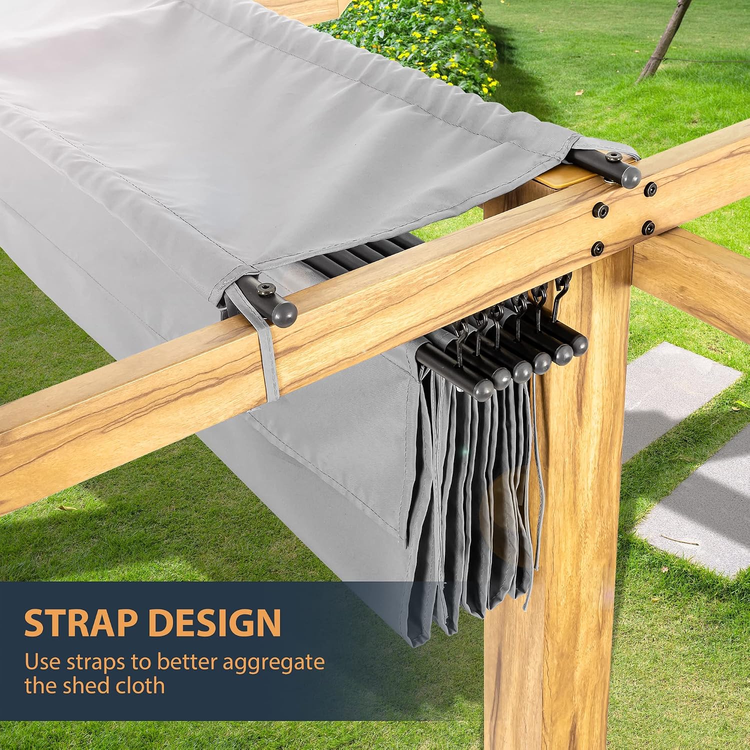 HAPPATIO 10' X 10' Wood-Grain Aluminum Pergola - Adjustable Sun Shade Canopy with Retractable Roof for Backyard, Deck, Patio, by The Pool,Grey
